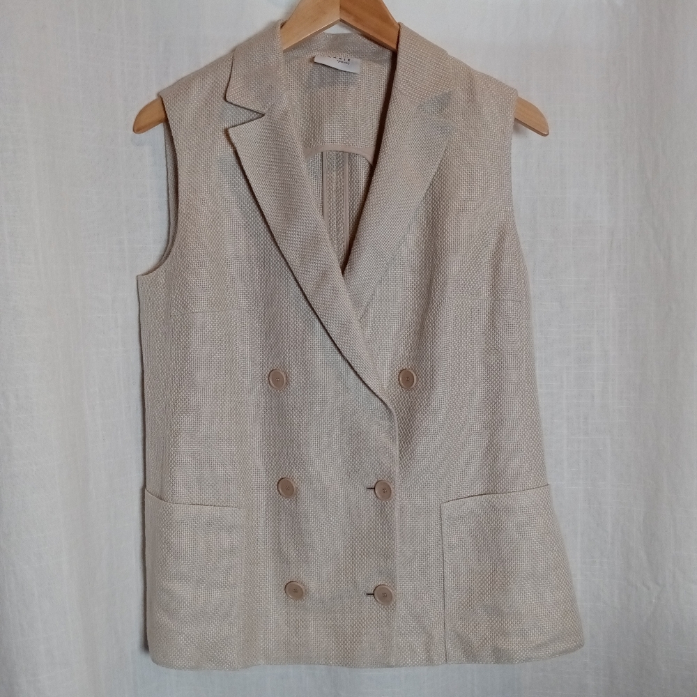 Akris Punto Long Line Double Breasted Linen Cotton Basket Weave Vest